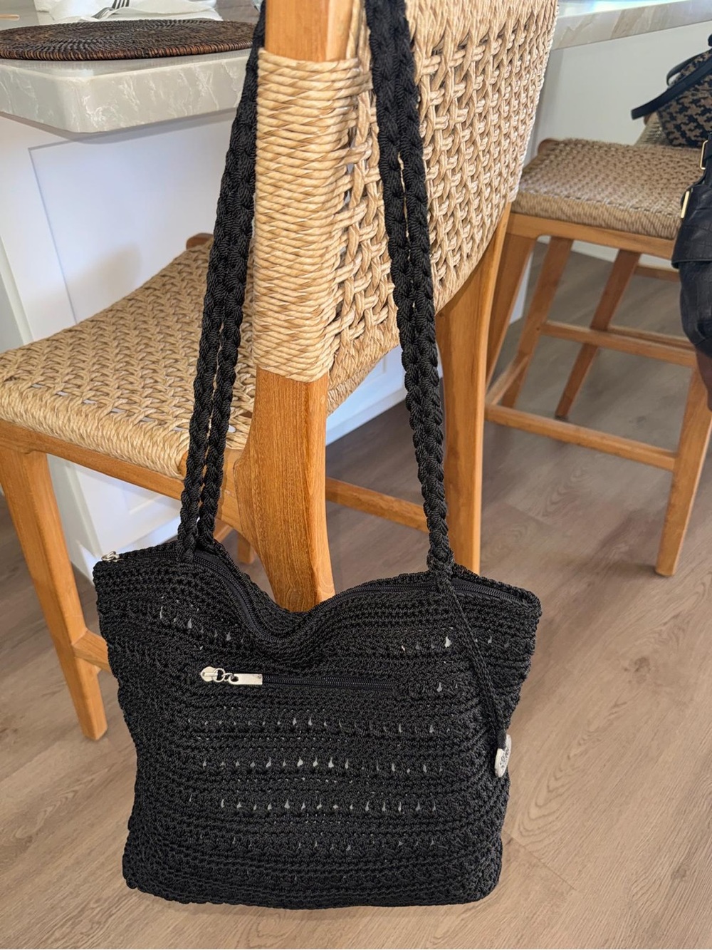 Vintage The Sak Black Crochet Black Woven Tote Boho Granny Shoulder Bag Purse - Picture 9 of 15